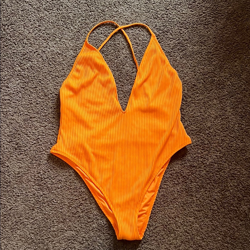 Forever 21 Orange Bodysuit One Piece with Plunging V-neckline